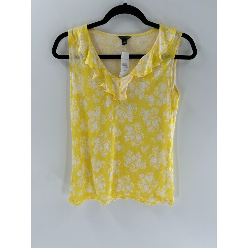 Women's Ann Taylor Yellow White Floral Linen Ruffle Tank Size XS